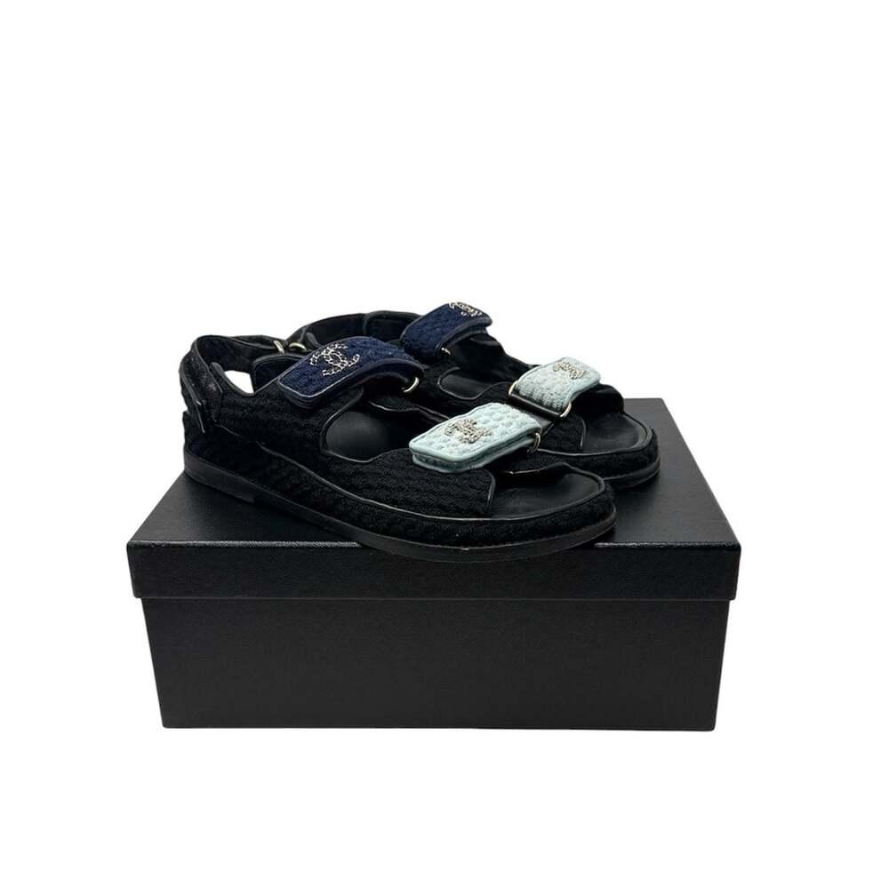 Chanel CC Chain Logo Blue Black Knit Dad Sandals Slingback EU 37